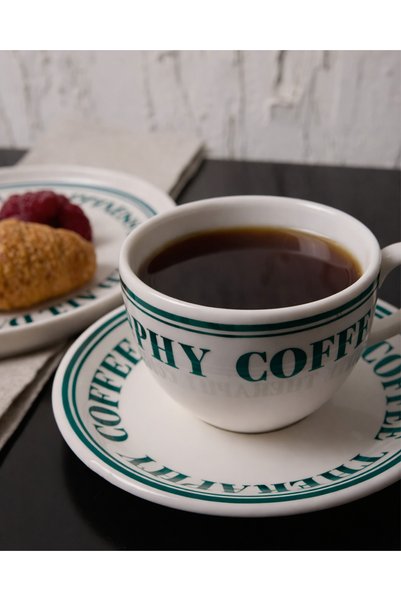 TUSE LIVING Therapy Written 4 Piece Porcelain Tea and Coffee Cup Set for 2 People - Green