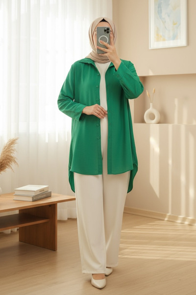 Modamorfo Πουκάμισο ποπλίνα με μακριά κουμπιά στην πλάτη - πράσινο