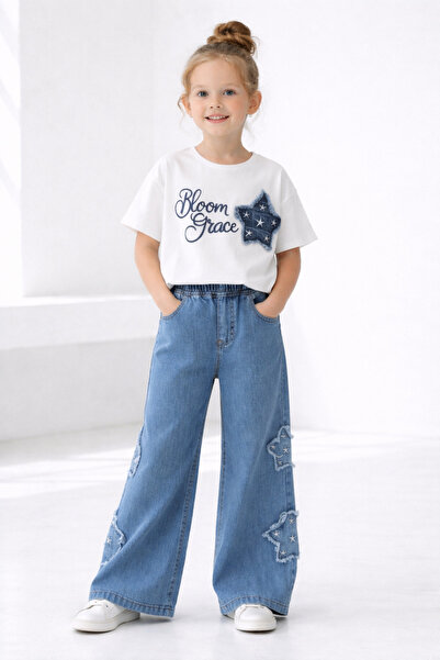 İray Κομψό καλοκαιρινό σετ για κορίτσια – Μπλουζάκι & Παντελόνι τζιν Yıldız μ...