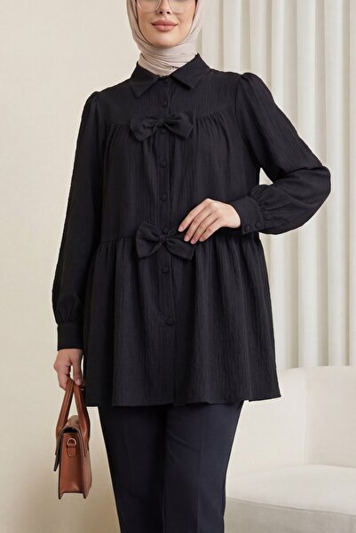 Modamorfo Segmented Shirt with Bow Detail on the Front - Black