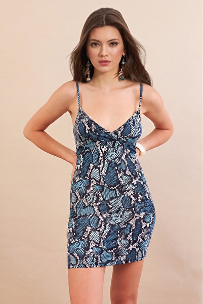 NEW JOURNAL Γυναικείο μίνι φόρεμα με σχέδιο φιδιού και λουράκια Indigo APP112...