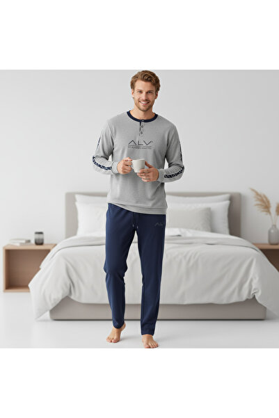 BONBON Men's Cotton Bundle and Dowry Set Gray Melange - Navy Blue Color Pajam...