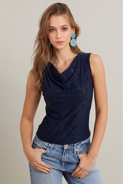 NEW JOURNAL Women's Navy Blue Degaje Collar Sleeveless Blouse App1297