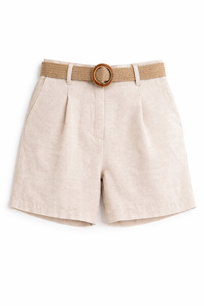 4051 Women's Wicker Belted Linen Bermuda Shorts Natural