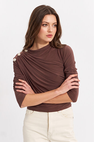 NEW JOURNAL Γυναικεία μπλούζα με κουμπιά βιζόν και λεπτομέρεια σε σχέδιο κορδ...