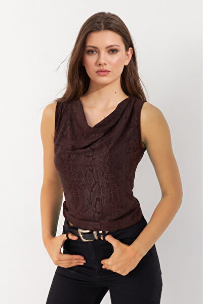 NEW JOURNAL Women's Brown Degaje Collar Sleeveless Blouse App1297