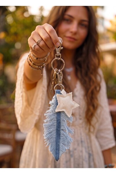 Dema El işçiliği yaprak yıldız detaylı denim çanta charm