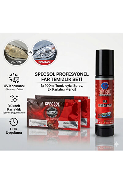 specsol Araba Far Temizleme Seti Stop Temizleme Seti Far Temizlik Seti Far Pa...