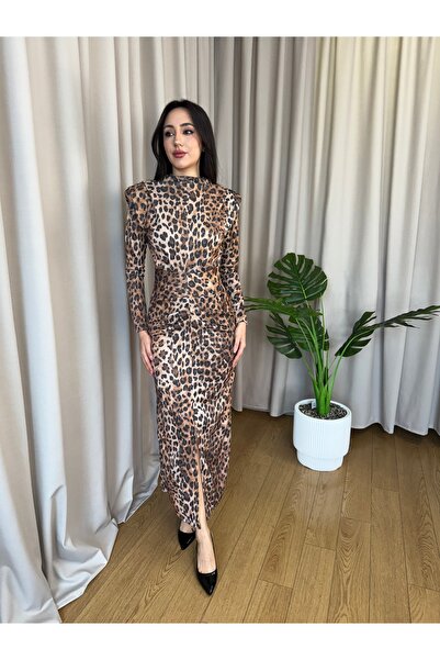hivay Vatkalı Önden Yırtmaçlı Leopar Elbise