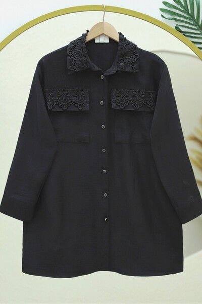 Modamorfo Πουκάμισο με δαντέλα στον γιακά και τσέπες - Μαύρο