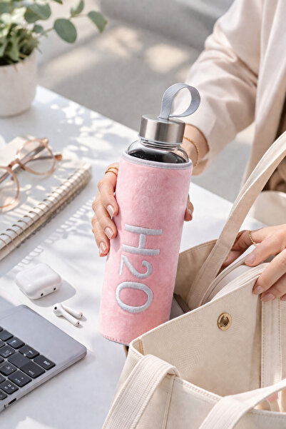 H2O Peluş Kılıflı Cam Matara Su Şişesi 600 ml | Pembe