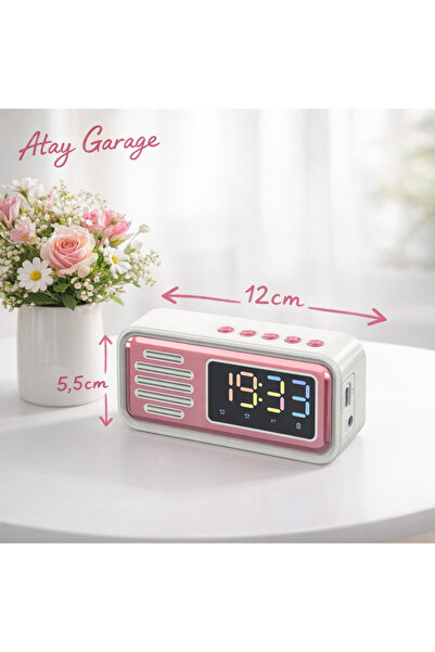 Atay Garage Retro Pembe Bluetooth Hoparlör Fm Radyo LED Dijital Masa Üstü Saat