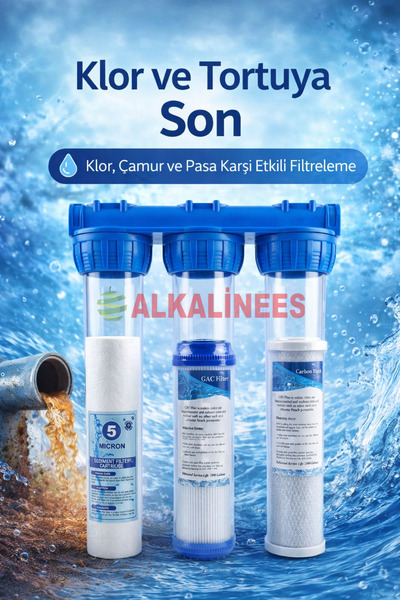 alkalinees 3'lü Bina Girişi Su Arıtma Cihazı 10" Koku, Klor, Çamur Önleyici D...