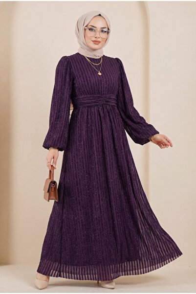 Modamorfo Φόρεμα με ρίγες με λάστιχο - Λαστιχένιο μανίκι, μωβ