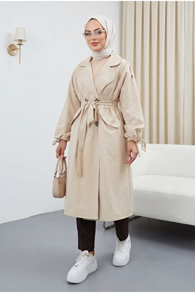 Modamorfo Trench cu mâneci cu clapete și buzunare, cu șireturi -stone