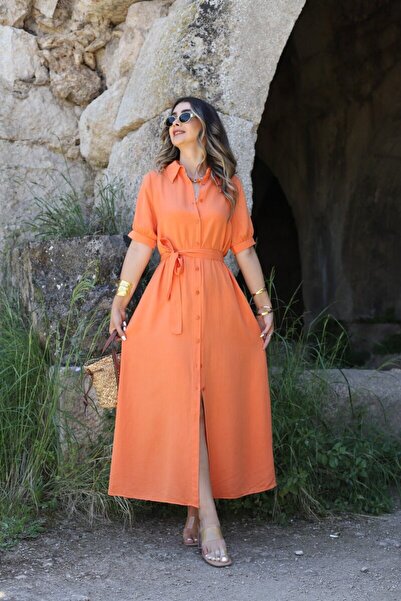 bytugcekaya Πορτοκαλί φόρεμα-πουκάμισο με ζώνη
