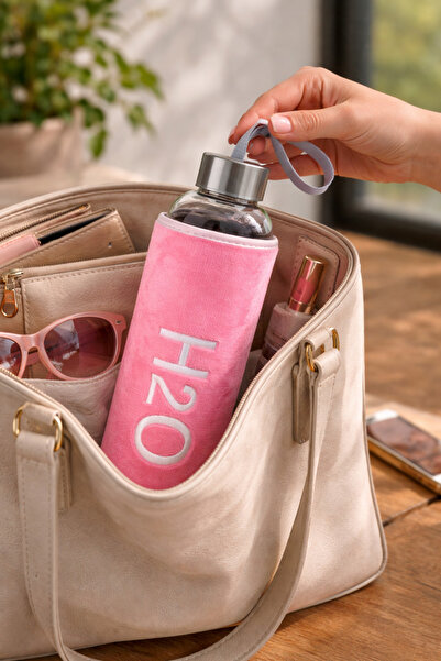 H2O Peluş Kılıflı Cam Matara Su Şişesi 600 ml | Pembe