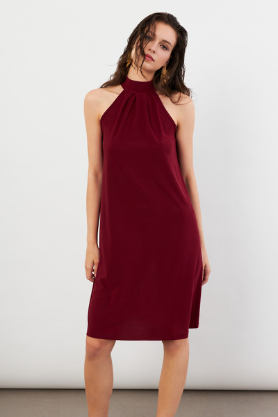 NEW JOURNAL Γυναικείο μπορντό φόρεμα μίντι με λαιμόκοψη halter APP1309