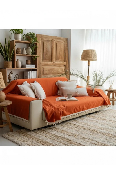 NDC HOME Κάλυμμα καναπέ Premium λινό καφέ κανέλα με πομπόν (170 x 220)