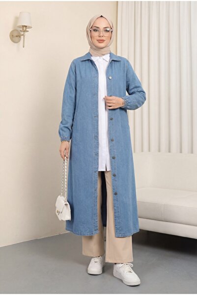 Modamorfo Τζιν καπέλο με ελαστικό μανίκι και κουμπιά σε όλο το μήκος - μπλε