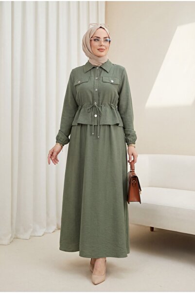 Modamorfo Metal Buttoned Waist Tie Shirt Gilet Dress -Khaki