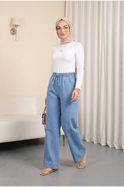 Modamorfo Τζιν παντελόνι με ελαστική μέση και τσέπη με φαρδύ πόδι - γαλάζιο