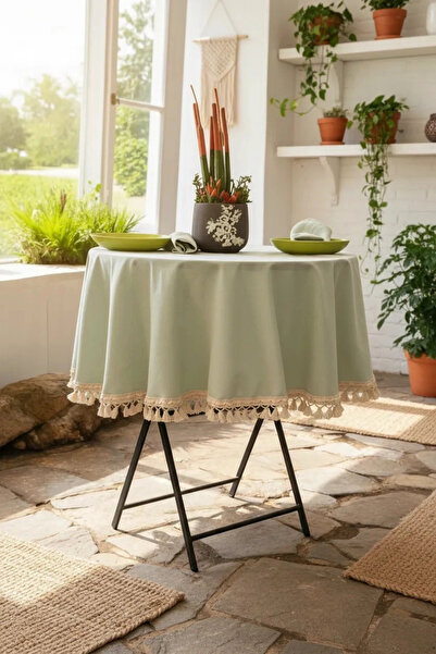 NDC HOME Πράσινο Λινάρι Φασκόμηλο - Στρογγυλό Τραπεζομάντιλο με Ακατέργαστο Π...