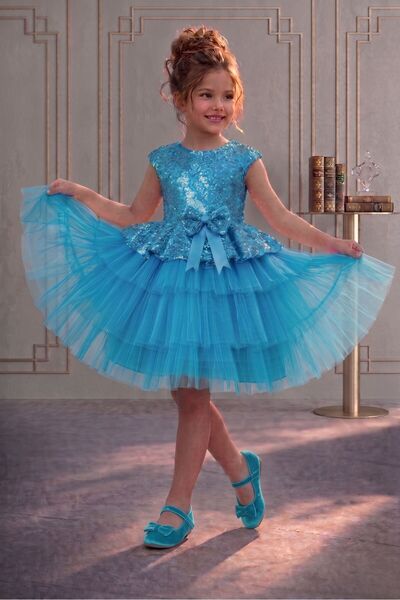 Mixie Rochie de petrecere de aniversare albastră, rochie de seară din tul