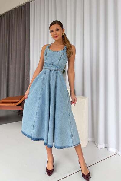 Mine Tan Butik Women's Cross Back Denim Midi Dress - Dark Blue
