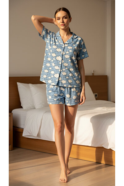 Sude HOMEWEAR KADIN GÖMLEK ŞORT DESENLİ PİJAMA TAKIMI