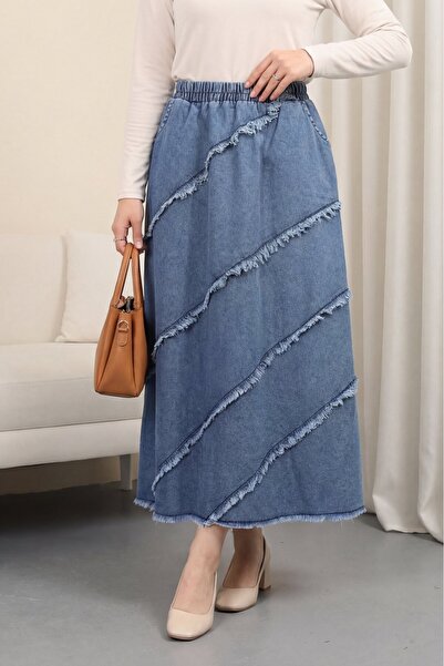 Modamorfo Τζιν φούστα με λεπτομέρεια φούντας και ελαστική μέση - μπλε