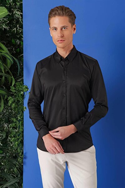 Efor Men's Slim Fit Buttoned Collar Cotton Classic Black Shirt Gk 714