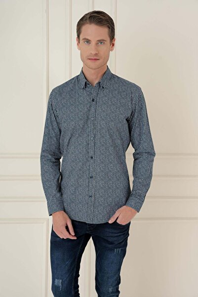 Efor Erkek Slim Fit Baskılı %100 Pamuklu Spor Lacivert Gömlek G 1587