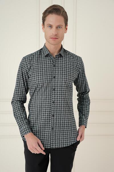 Efor Men's Slim Fit Houndstooth Patterned 100% Cotton Casual Gray Shirt g 1585