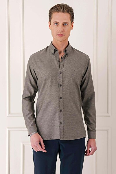 Efor Erkek Slim Fit Düğmeli Yaka Dokulu %100 Pamuklu Klasik Kahverengi Gömlek...