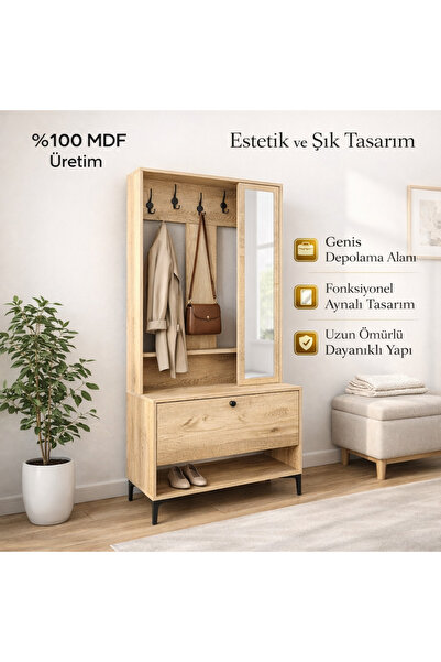 VENATTO VALENTİN WOOD TARZ RAFLI,AYNALI PORTMANTO/AYAKKABILIK/VESTİYER(%100MDF)