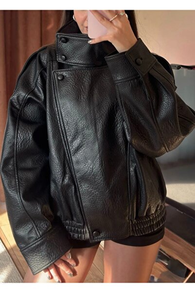 Ekim Store Δερμάτινο μπουφάν μπόμπερ με όρθιο γιακά σε μεγάλο μέγεθος