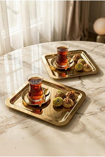 Marla Life Altın Renk Metal Tepsi 2’li Set – Dekoratif Sunum Tepsisi, Kahve &...