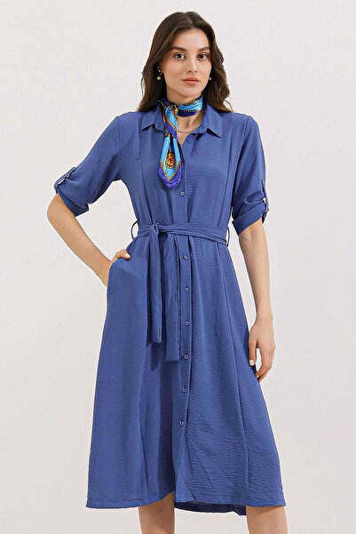 Hiccup BDART Textured Midi Dress with Shirt Collar and Bow