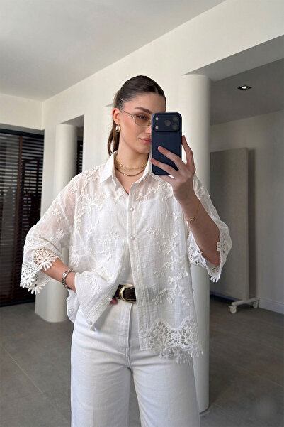 MAGARDE Imported Lace Detailed Shirt - Beige