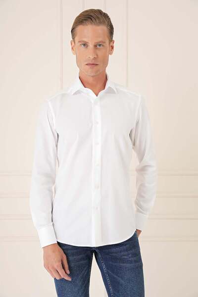 Efor Cămașă albă clasică pentru bărbați, slim fit, 100% bumbac, țesătură neși...
