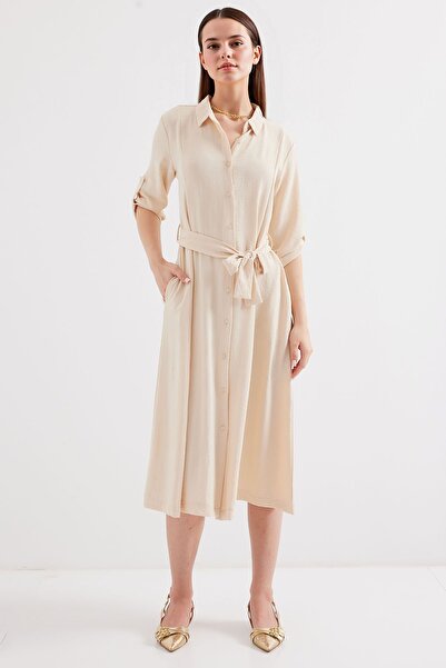 Hiccup BDART Rochie Midi Texturată cu Guler de Cămășă și Fundiță