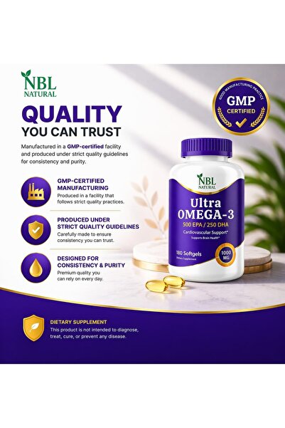 NBL Natural Ultra Omega 3 Fish Oil 1000mg 500EPA 250 DHA, Cardiovascular Support, 180 Softgels