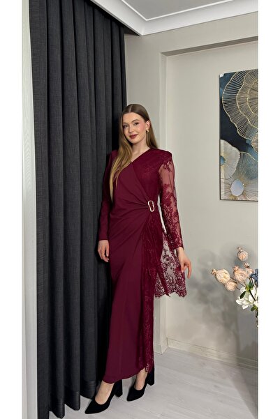 Imported Crepe & Lace Fabric Buckle Detailed Lined Special Design Maxi Dress