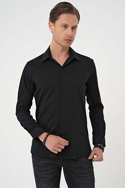 Efor Men's Slim Fit Men's Collar Flexible Cotton Classic White Black Shirt Gk...