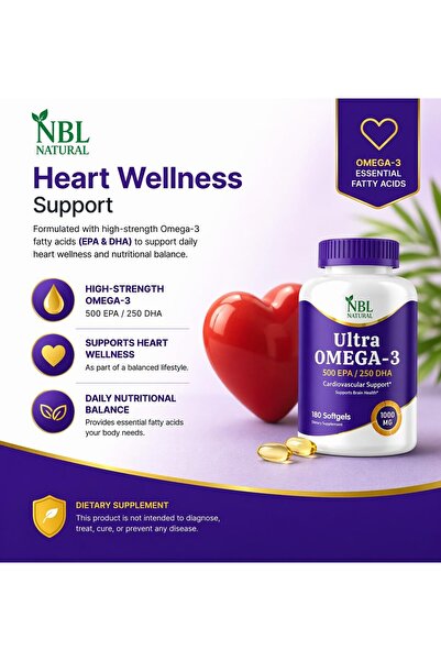 NBL Natural Ultra Omega 3 Fish Oil 1000mg 500EPA 250 DHA, Cardiovascular Support, 180 Softgels