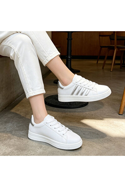 Tmall Pantofi sport pentru femei, D1310, din piele ecologică, albi cu argintiu
