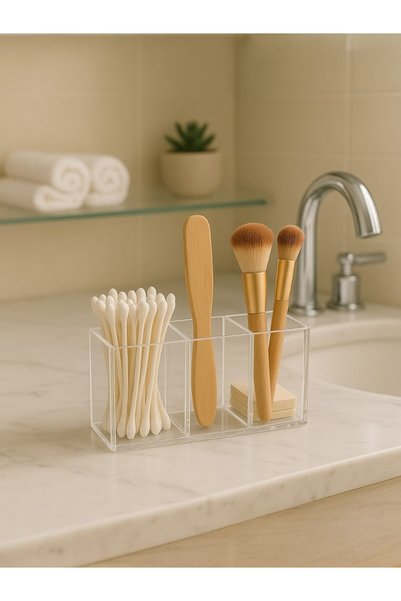 MY1COMPANY 3 Compartment Plexiglass Makeup Supplies, Cotton, Pen Holder, Organizer-Organizer