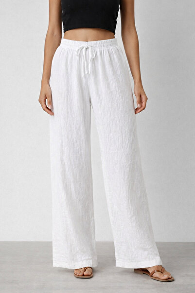 Umay moda 59 Kadın Beyaz Bürümcük Kumaş Cepsiz Pantalon