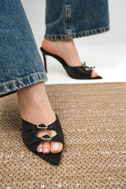 Mio Gusto Black Color Stone Heeled Women's Slippers